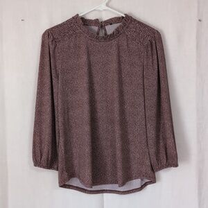 Brown Microdot Smocked Shoulder Ruffle Neck Blouse Size Medium